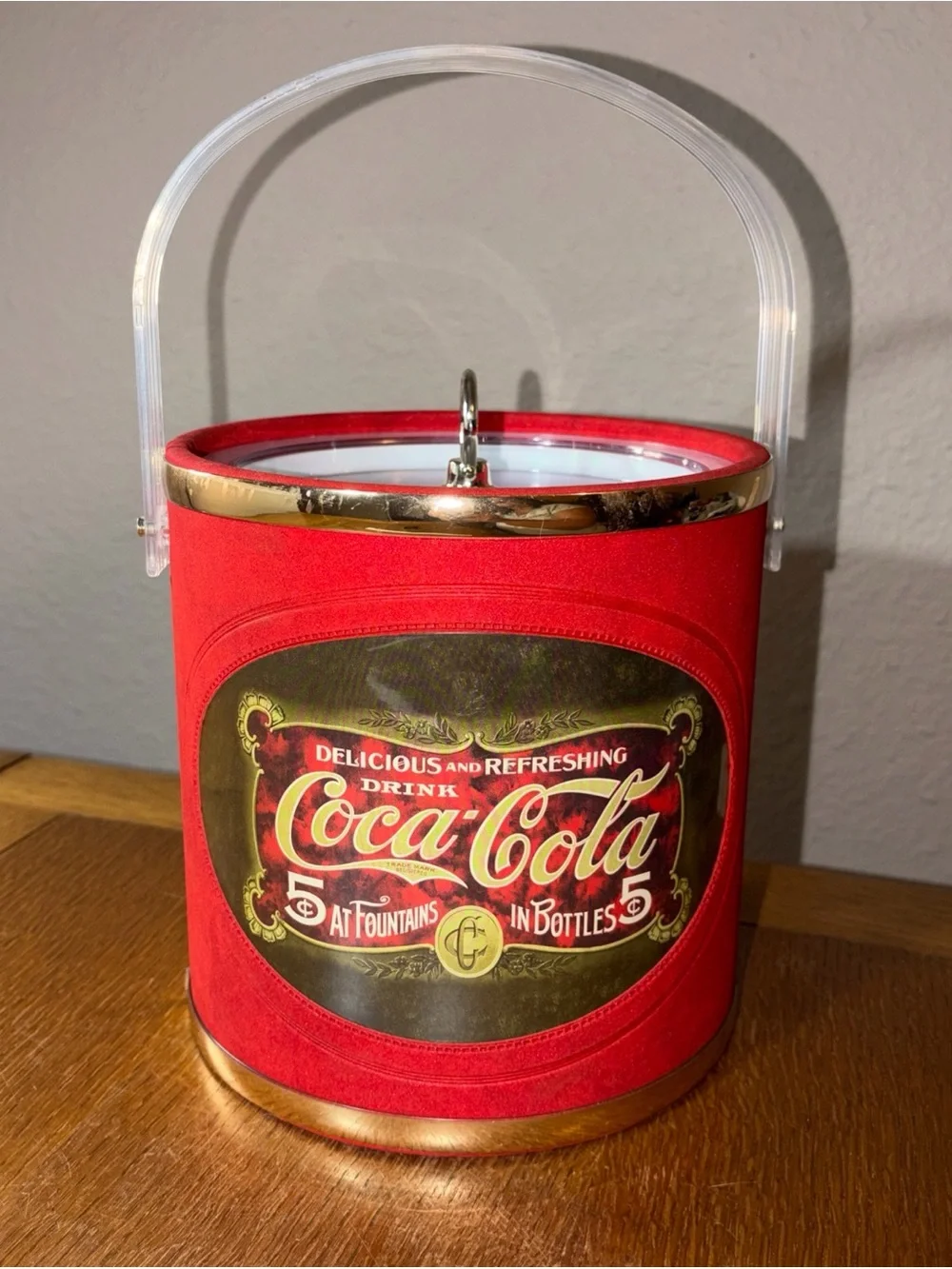 Coca-Cola Red and Gold Retro Ice Pail with Clear Handle